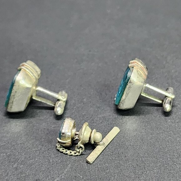 Vintage Swank Cufflinks Arc De Triomphe Aqua Blue Silver-tone SET - Picture 7 of 11